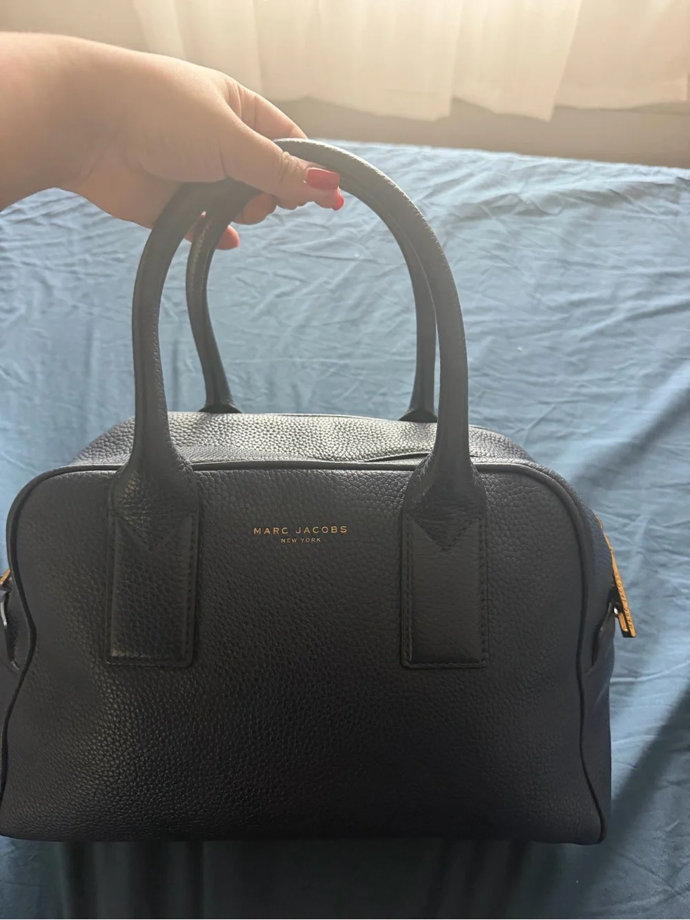 Marc Jacobs Black Pebbled Leather Bowling Satchel with Gold Hardware